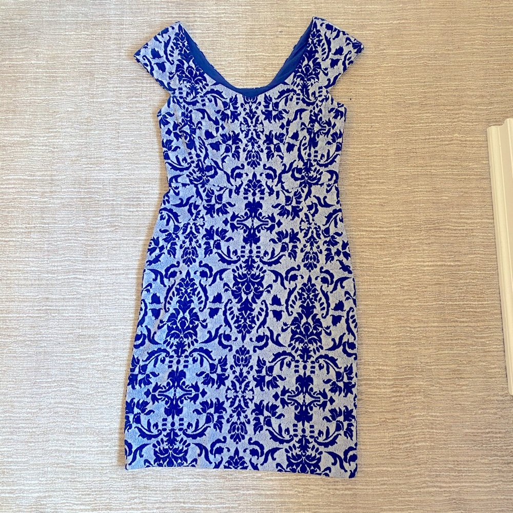 Blue Jacquard Shift Dress with Cut Out Back